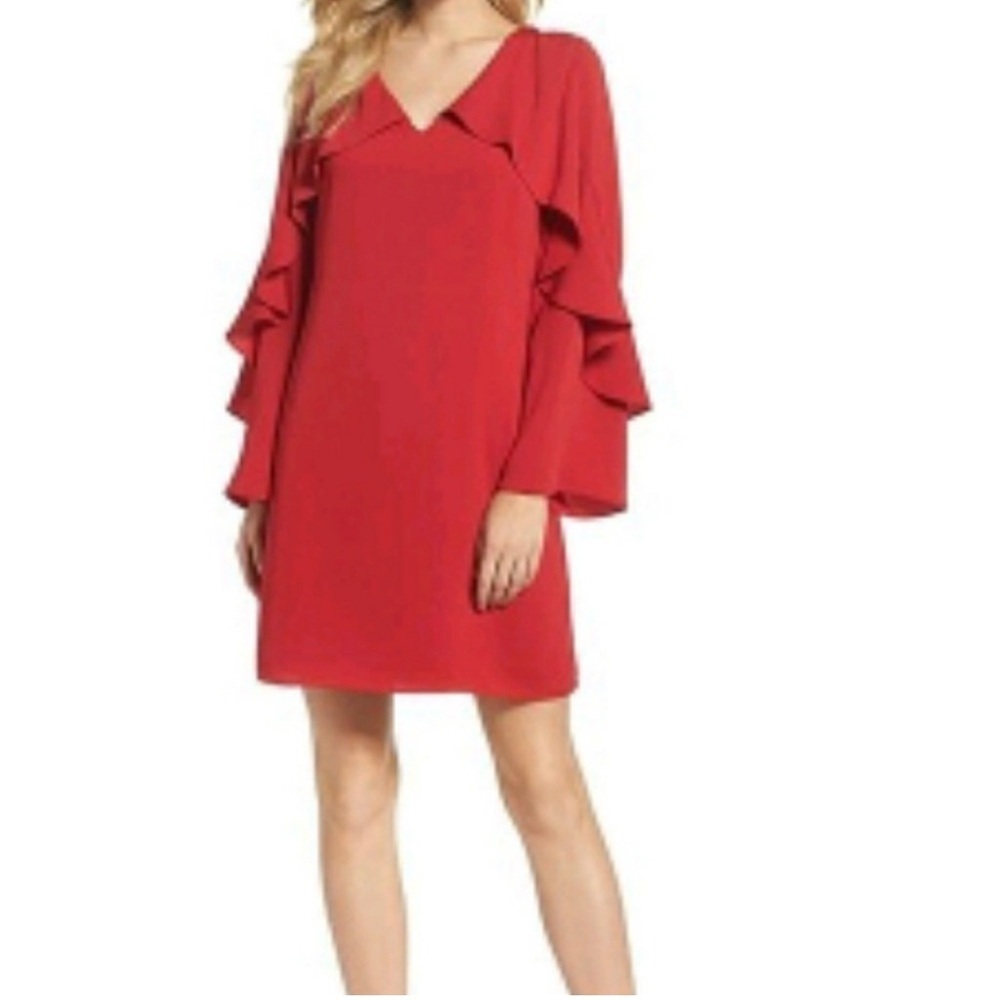 Kobi Halperin Dresses Cascade Ruffle Long Sleeve  Party Cocktail Dress Red Sz M